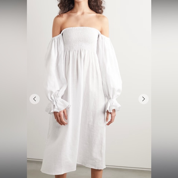 Sleeper NET SUSTAIN Atlanta off-the-shoulder shirred linen midi dress - Picture 3 of 6